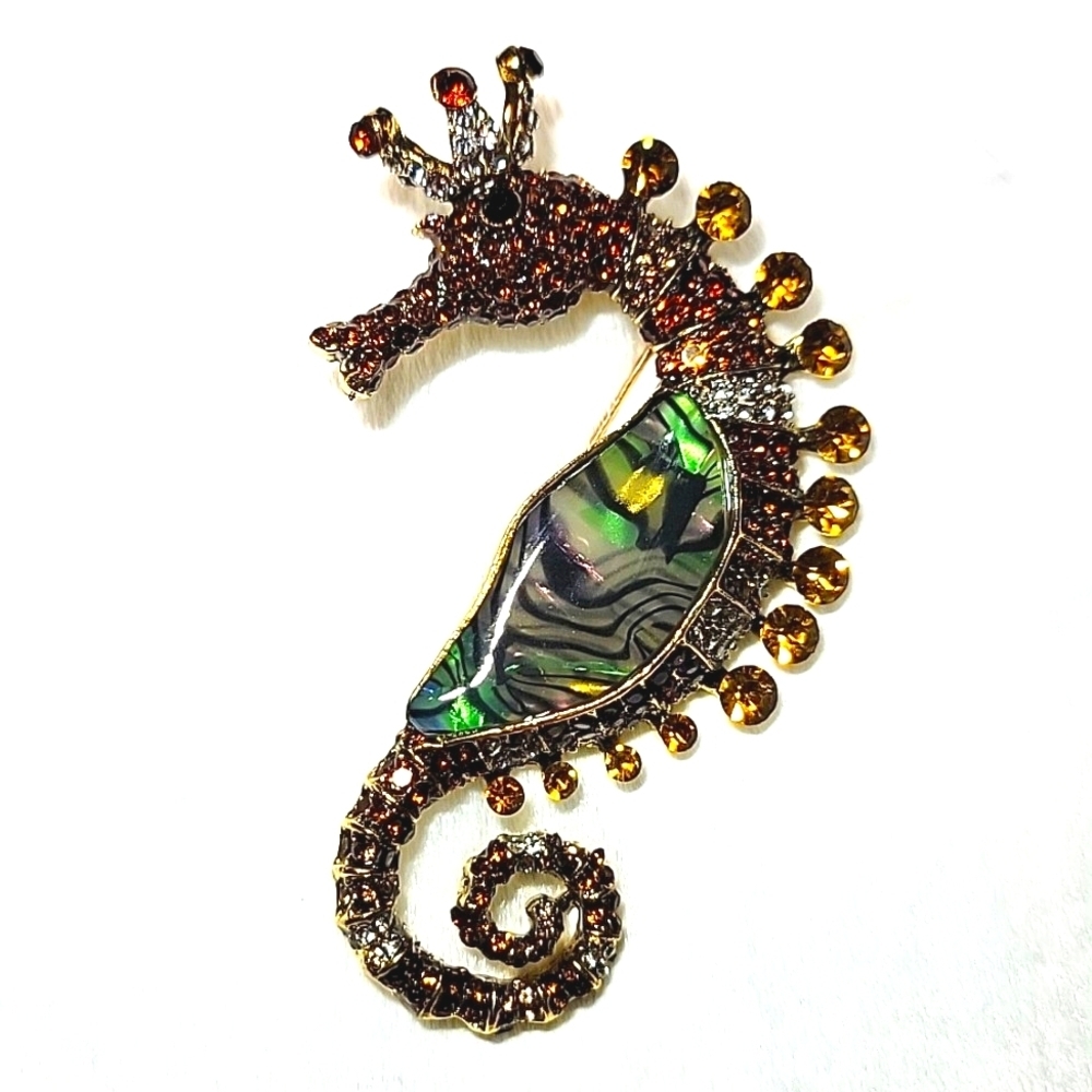 Fabulous Amber Colored Rhinestone & Abalone Sea Horse Gold Tone Brooch Pin